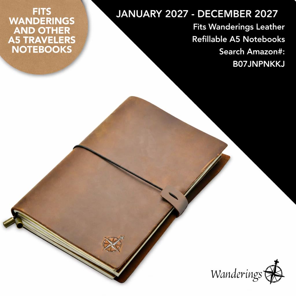 Wanderings A5 Traveler's Notebook Calendar Refill Inserts - 5.8''x 8.4'' (14.2cm x 21 cm) - January 2027 - December 2027 - A5 Calendar Planner Refills For Leather Travel Journals, Diaries and Planners