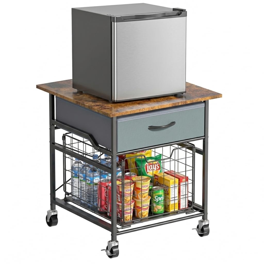 GloCryp Mini Fridge Stand, Heavy-Duty End Table Fridge Table with Storage, Small Refrigerator Stand with Rolling Wheels for Dorm, Kitchen,Pantry
