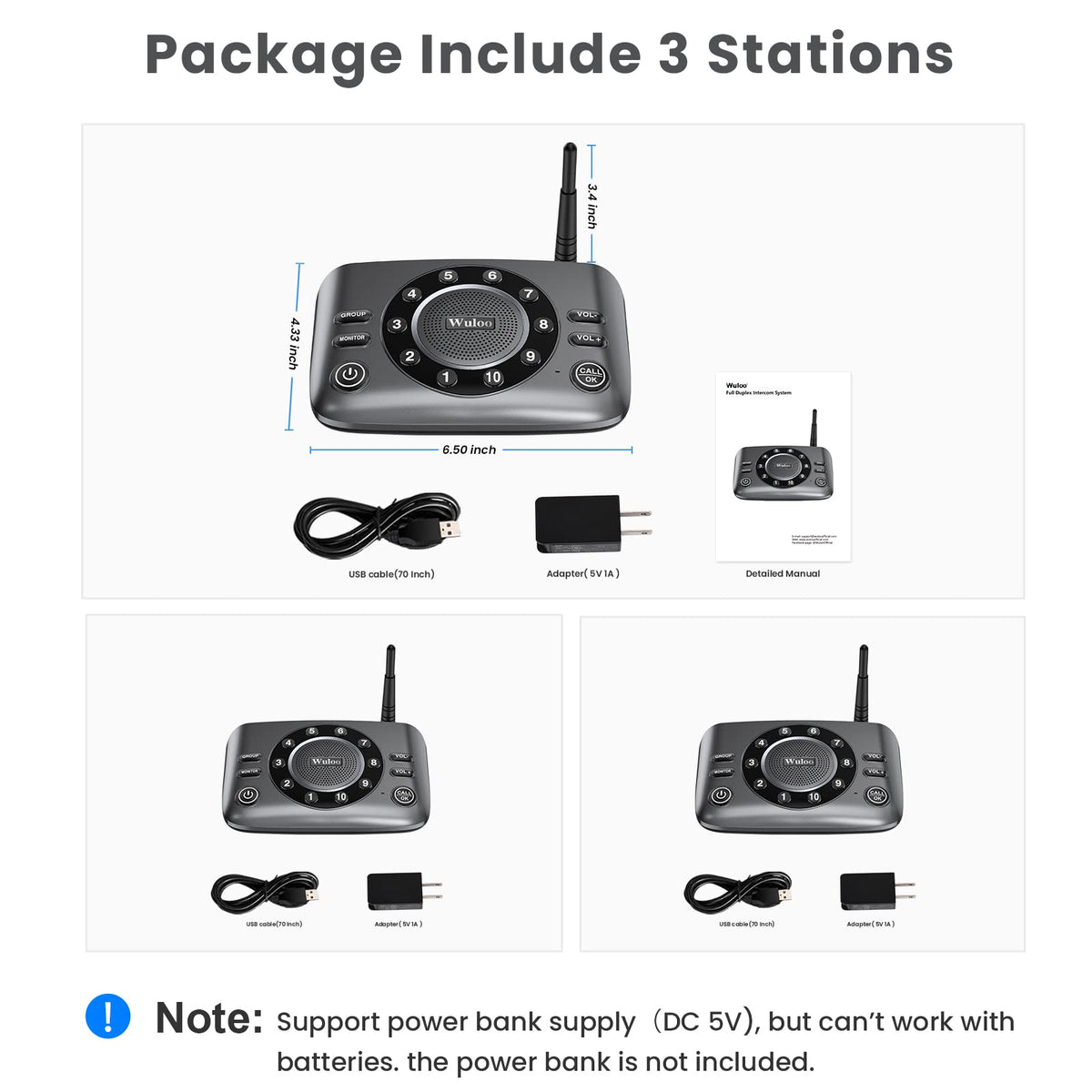 Hands-Free Two Way Intercoms Wireless for Home Business, Wuloo Upgrade Audio Intercom System for Elderly, Full Duplex Room to Room Intercom with 5280 ft Range Clear Sound Anti-Interference, 3-Pack