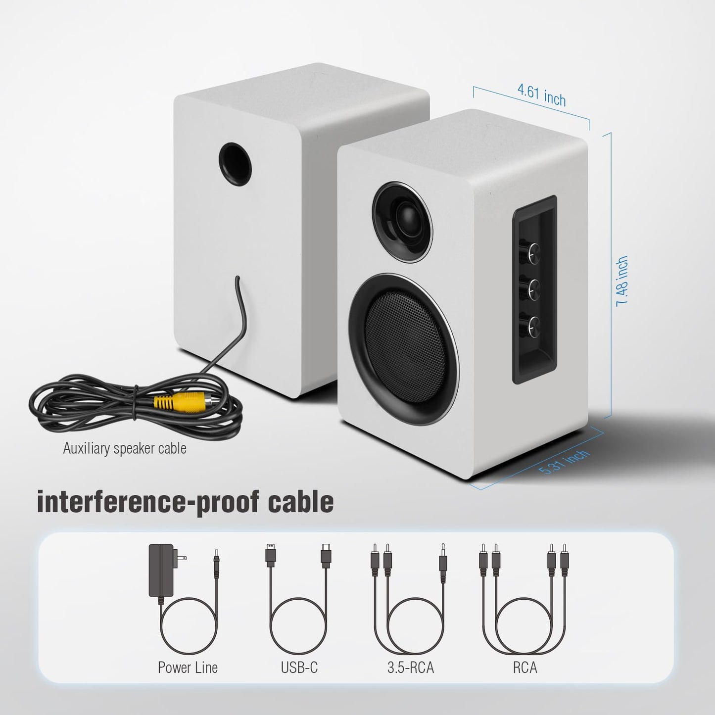Computer Speakers for Desktop PC, Active Bookshelf Speaker with 3" Carbon Fiber Woofer and Silk Film Tweeter, Supports Bluetooth 5.3, USB-C, AUX/RCA Input for Record Player TV - White Stereo Set