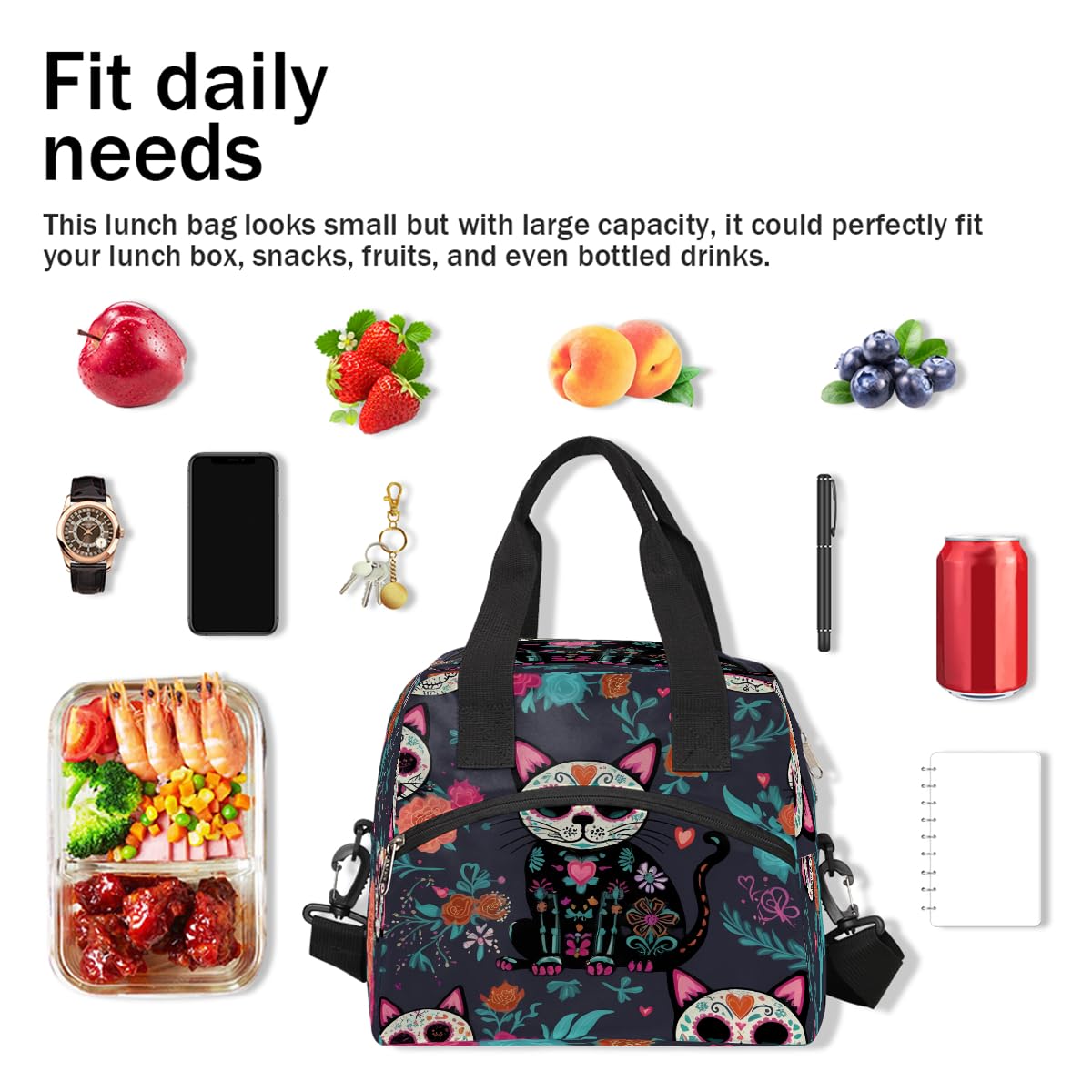 UOYO Lunch Bag Sugar Skull Flower Cat Lunchbox Organizer Insulated Waterproof Men Women Tote Cooler Handbag Adjustable Shoulder Strap for kids Girls Boys School Office Picnic