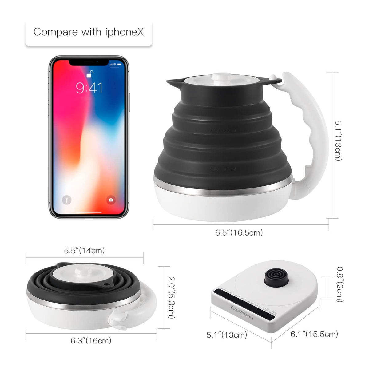 Ultrathin Food Grade Silicone Travel Foldable Electric Kettle Variable Temperature Control with Dual Voltage, Auto Shutoff & Boil Dry Protection & Keep Warm, 555ML 110-220V US Plug (Black)