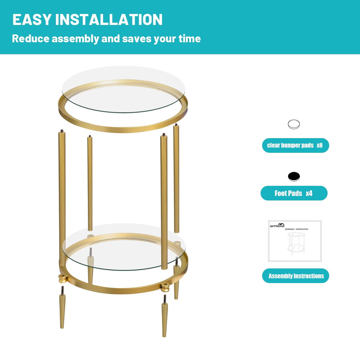GIFTTROVE 2 Tier Round Side Table, Gold End Table with Glass Top, Modern Metal Clear Coffee Tables, Small Accent Tables for Living Room, Bedroom, 18" x 18"