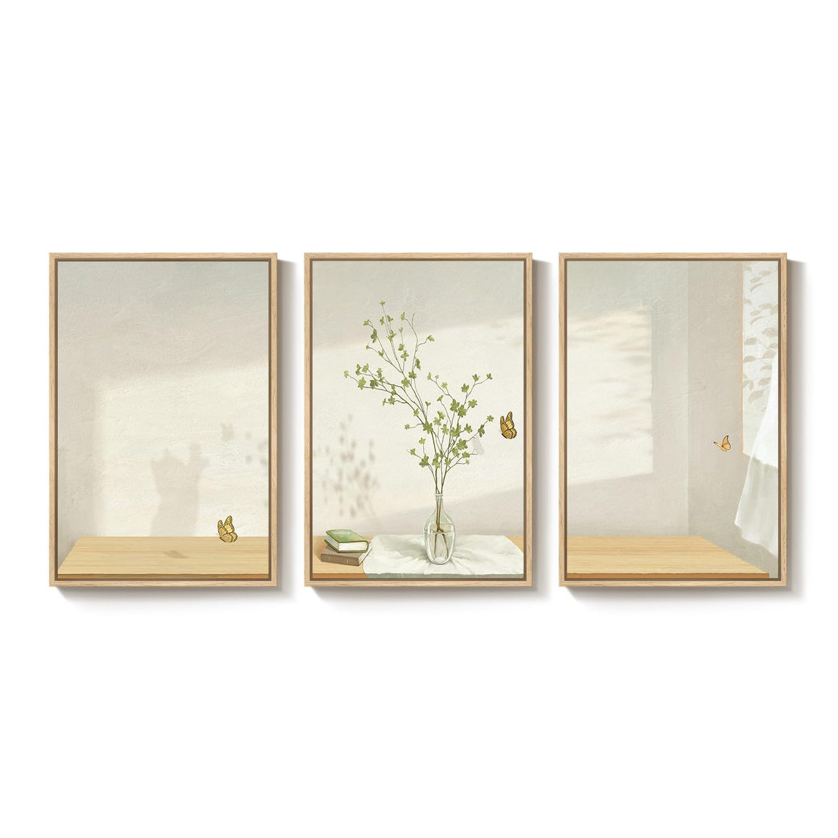Framed Botanical Neutral 3 Piece Wall Art for Living Room, Minimalist Butterfly Sunshine Canvas Artwork for Walls, Peaceful Sill Life Illustration Print Bedroom Dining Room Office Wall Decor, 16x24 In