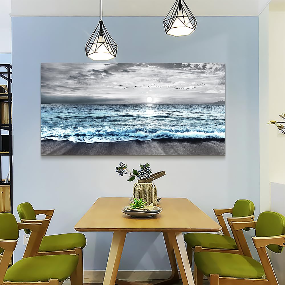 Wapluam Large Canvas Wall Art For Living Room & Bedroom Decor - Black & White Blue Sea Wave Pictures - Framed Beach Posters