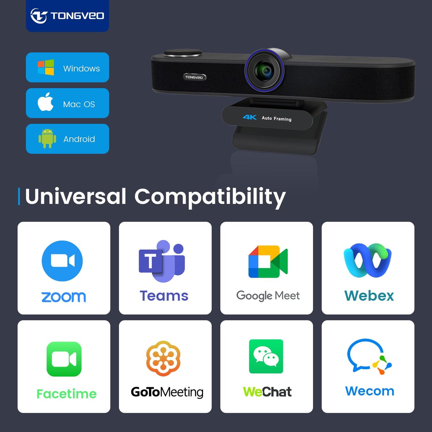 TONGVEO 3-in-1 4K Webcam with Microphones and Speaker, AI Auto-Tracking 5X Digital Zoom Webcam 4K Adjustable Field of View Remote Control Works with Microsoft Teams, Zoom, Google Meet, PC Mac Laptop