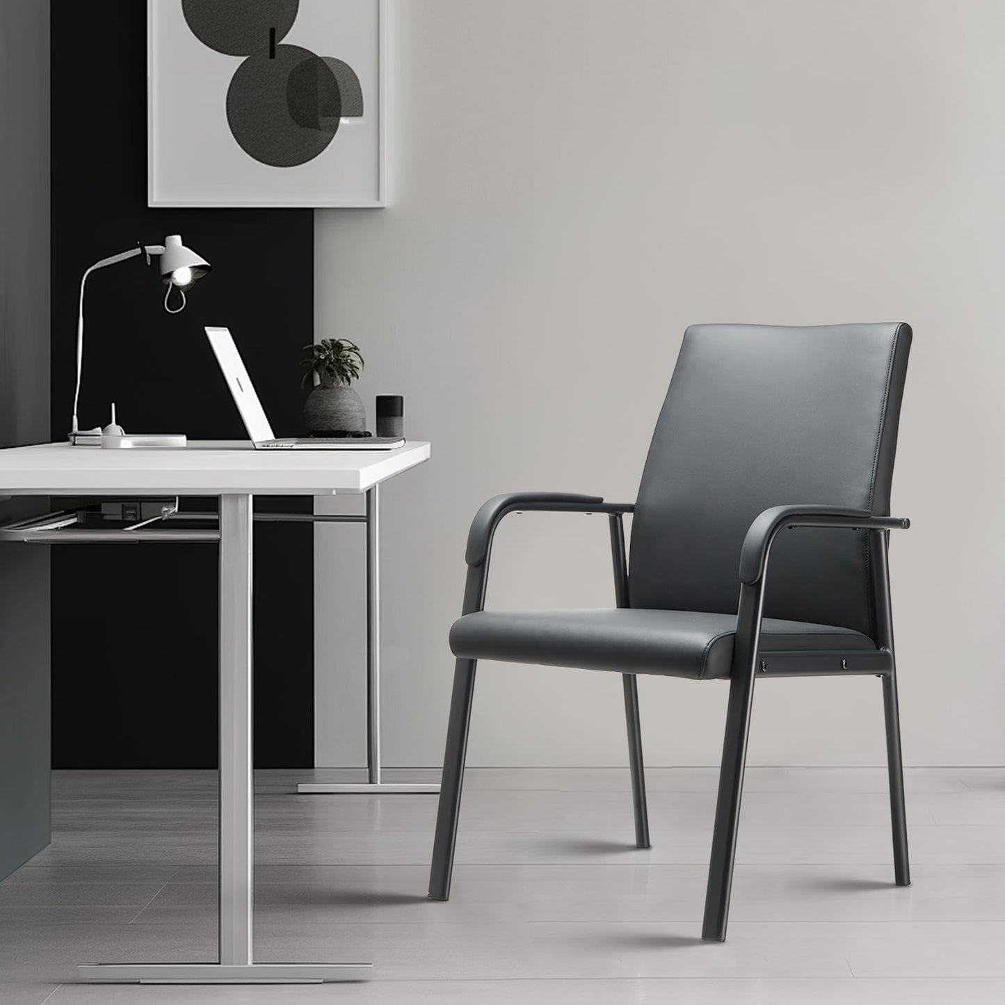 VACYOVKE Office Guest Reception Chair 600 lbs Capacity Leather Conference Room Chairs with Padded Armrests No Wheels Desk Chair Black