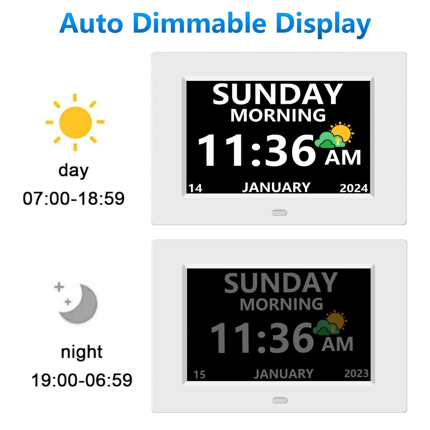 LXBYJKJ 7 Inch Digital Clock with Day and Date for Elderly Alzheimer's Clock Customizable Alarms 3 Display Modes Large Font Alarm Clock for Seniors Auto DST White