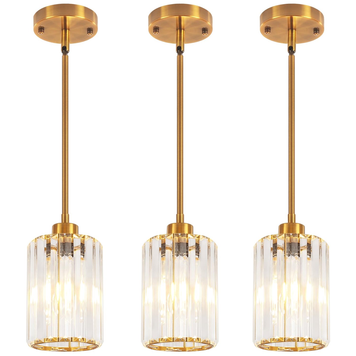 3 Pack Brushed Gold Pendant Lights Kitchen Island, Modern Crystal Kitchen Pendant Lighting Over Island Dining Room Light Fixtures Adjustable Hanging Pendant Light for Bathroom Hallway Foyer Bedroom