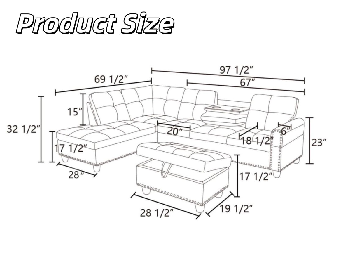 Trygoal 97" Linen 4-Seat L-Shaped Sectional Sofa with Movable Chaise & Storage Ottoman - 3-Piece Modular Convertible Couch for Living Room, Bedroom, Apartment & Office, Grey