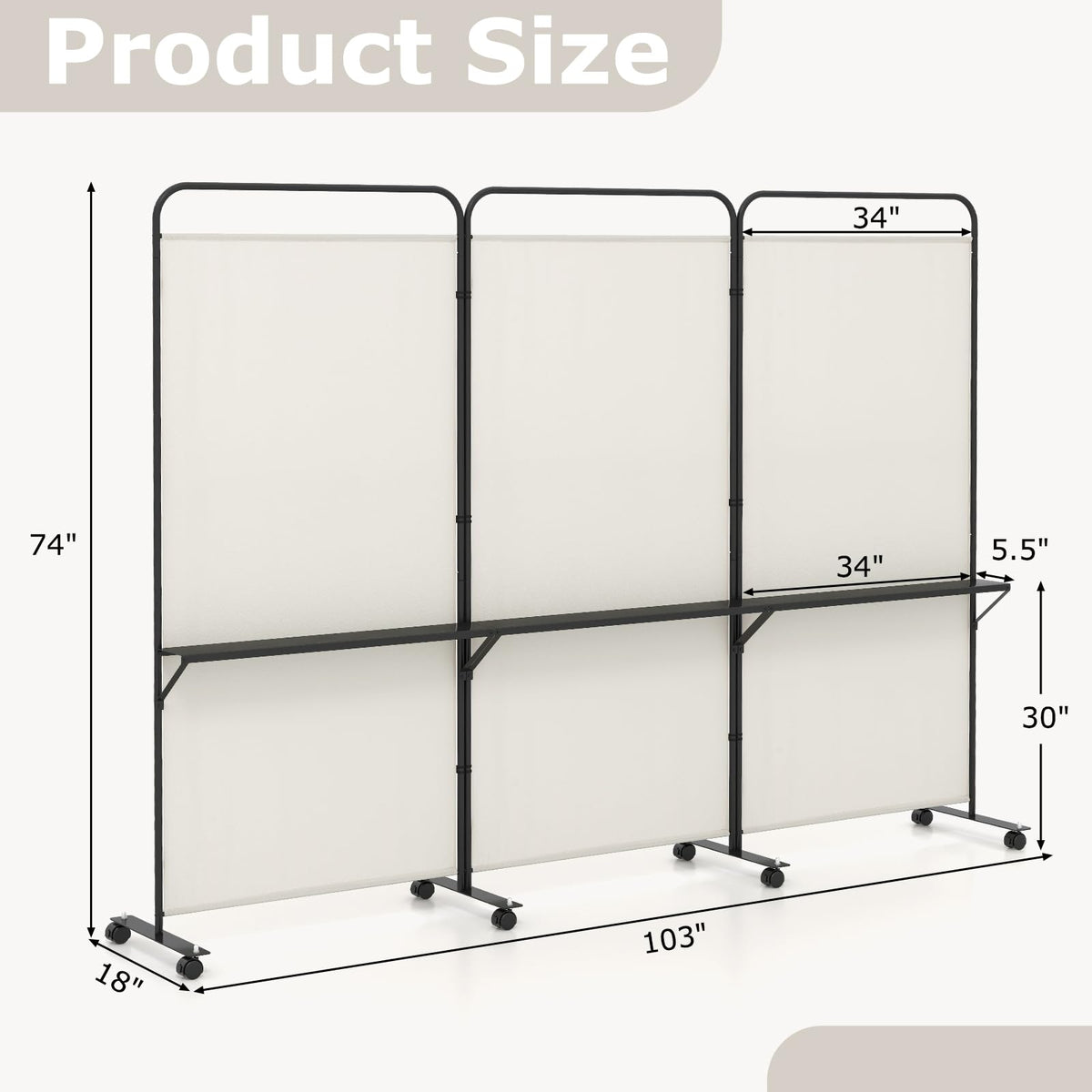 Giantex 3 Panel Room Divider with Wheels and Shelves, 103" W x 74" H Folding Privacy Screen, Rolling Partition Separator for Home Office Studio, Fabric Wall Divider for Room Separation (Beige)
