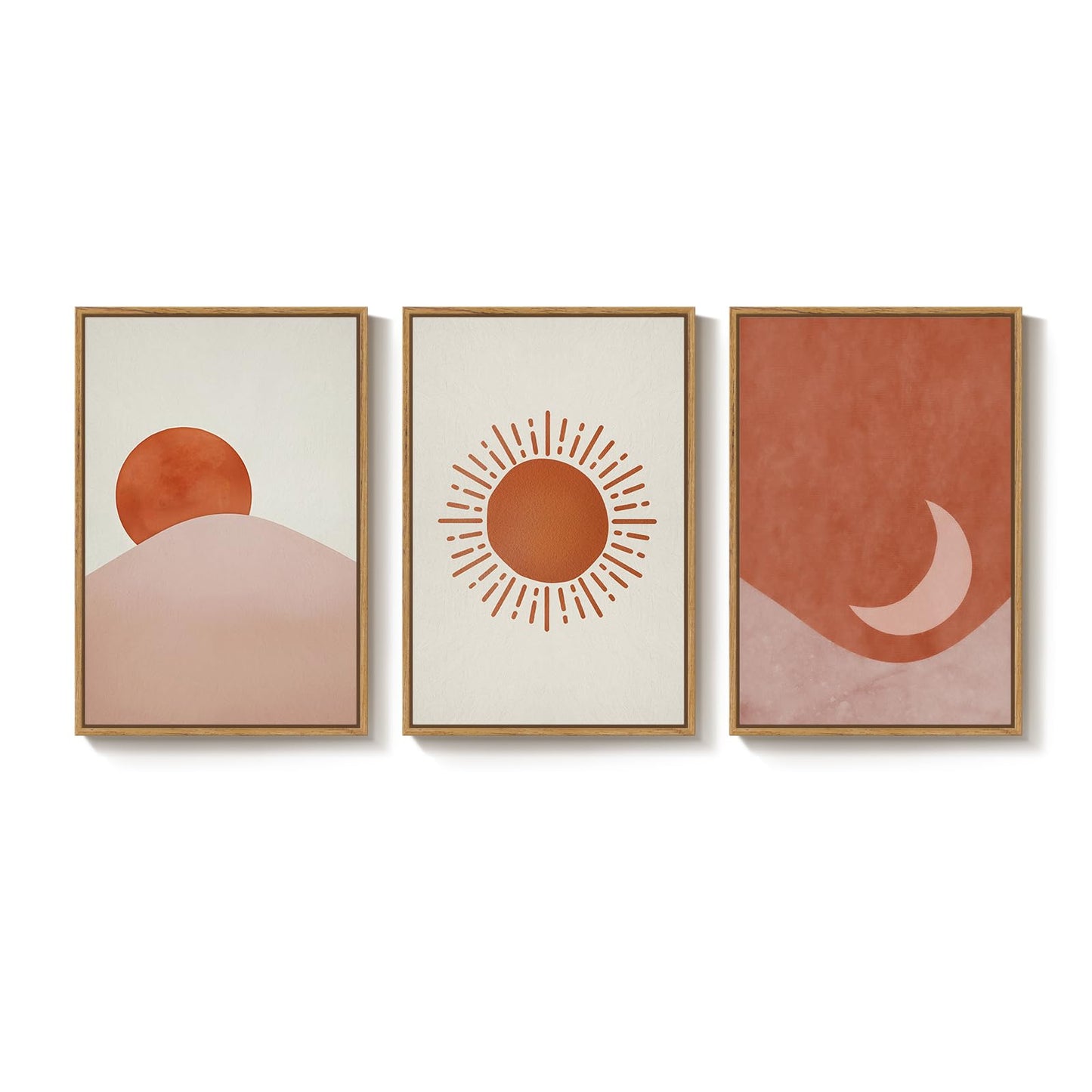 Framed Sun and Moon Boho Wall Art Bedroom, 3 Piece Abstract Minimalist Terracotta Canvas Painings Prints Artwork for Walls, Mid Century Modern Bohemian Pictures for Living Room Office Wall Decor, 16x24 Inch