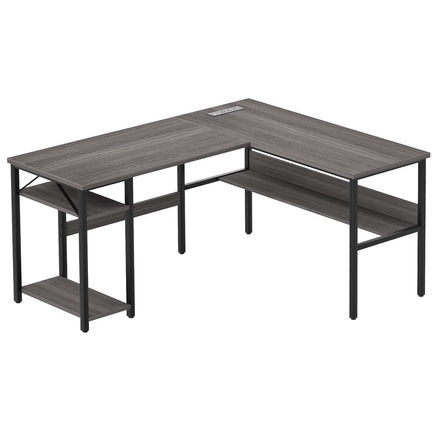 Unikito Reversible L Shaped Desk with Magic Power Outlets and USB Charging Ports, Sturdy Corner Computer Desk with Storage Shelves, Gaming Table Home Office Desk, Easy to Assemble, Enoch Walnut