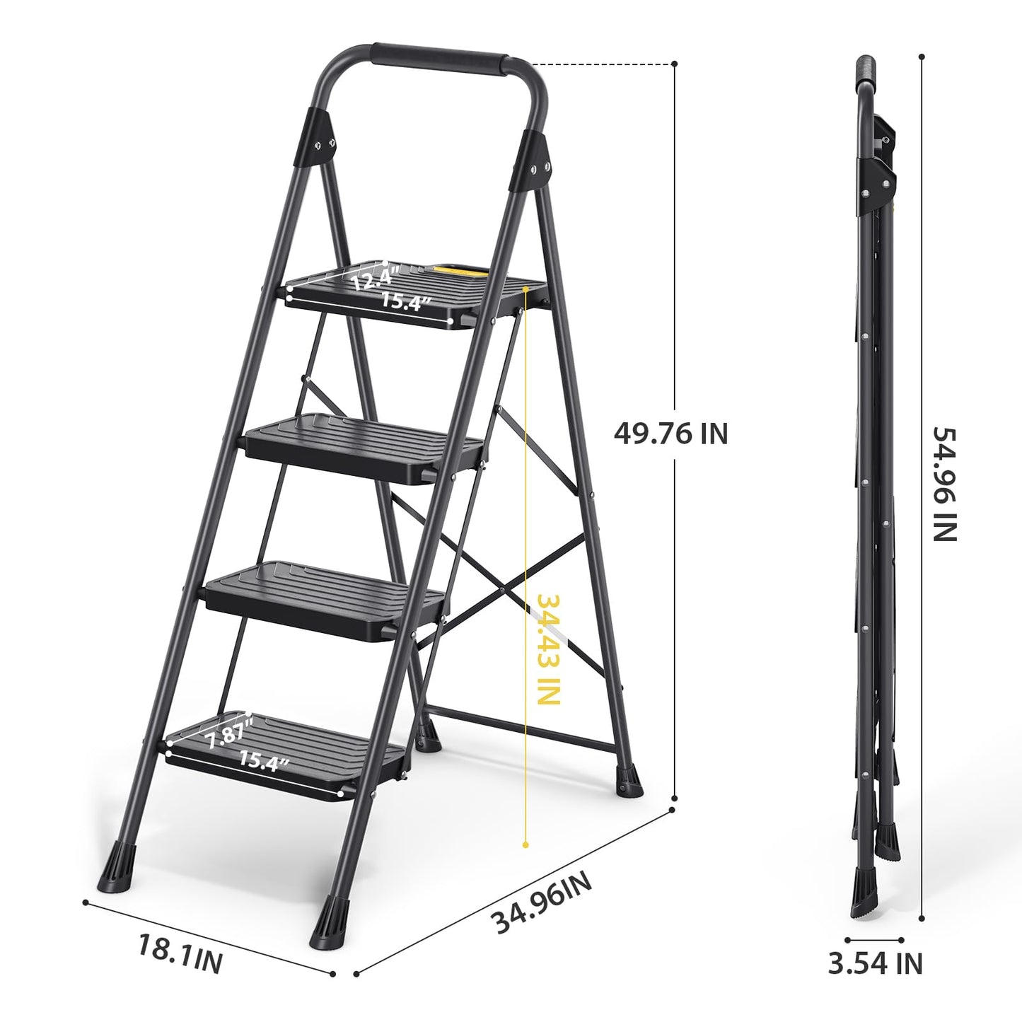 KINGRACK 4 Step Ladder, Sturdy Steel Step Stool with Anti-Slip Wide Pedals, Handrail, Safe-Lock Design, Pass 800lbs Load Testing, Folding Portable Ladder for Multi-Purpose, Home, Kitchen, Black