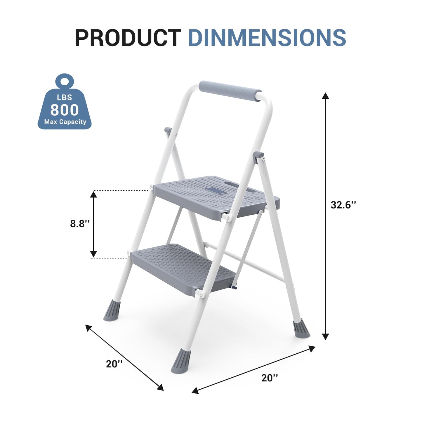 DUMOS Step Ladder, 2 Sturdy Step Stool with Anti-Slip Pedal & Comfortable Handrail, Portable Heavy Duty Step Stool for Kitchen, Garage & Outdoor Use, 800lbs, Grey
