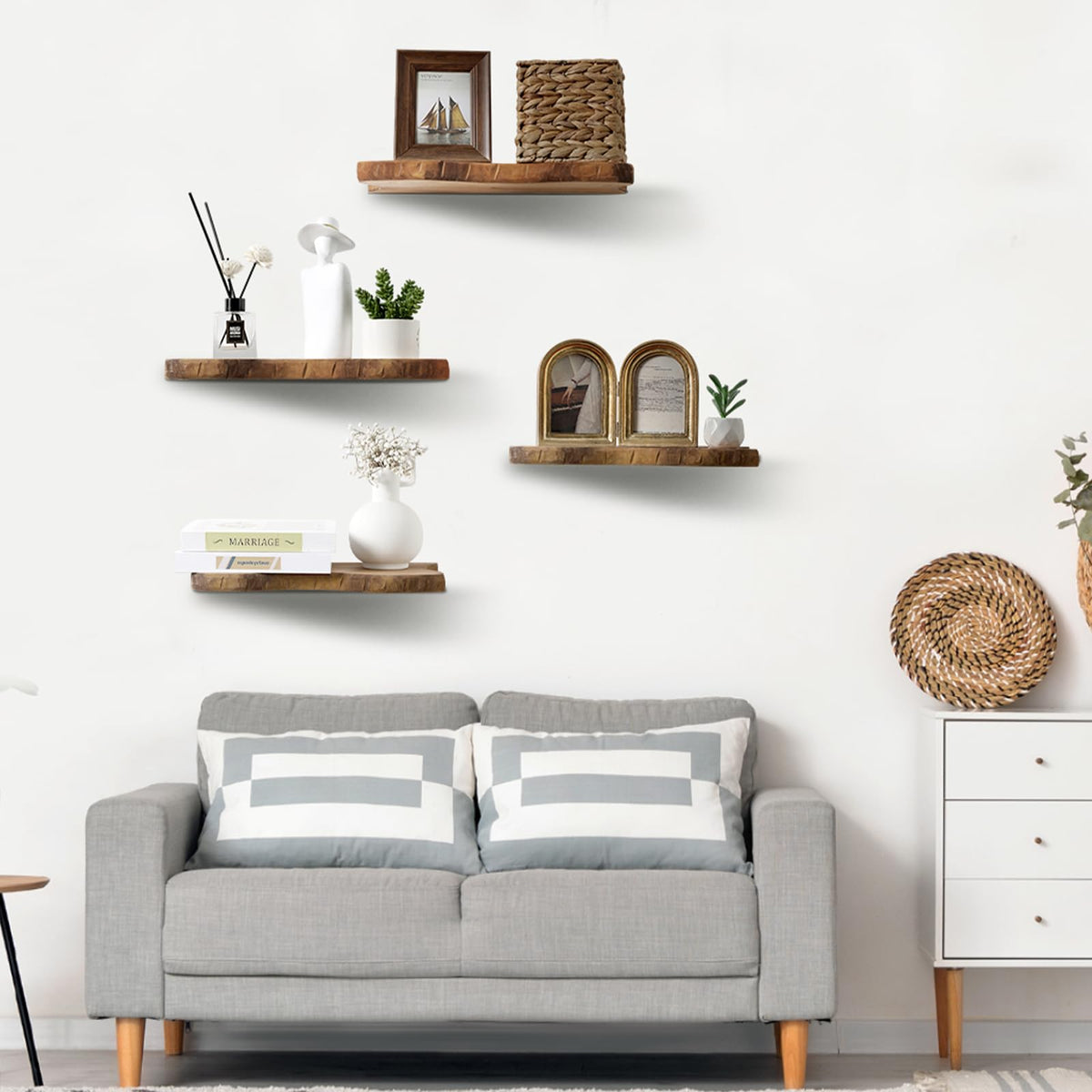 Pinkunn 4 Pcs Floating Shelves for Wall Wooden Live Edge Shelf Wall-Mounted Natural Solid Wood Bedroom Kitchen Storage Living Room Nursery Decor (15.8/11.8/7.9 Inch)