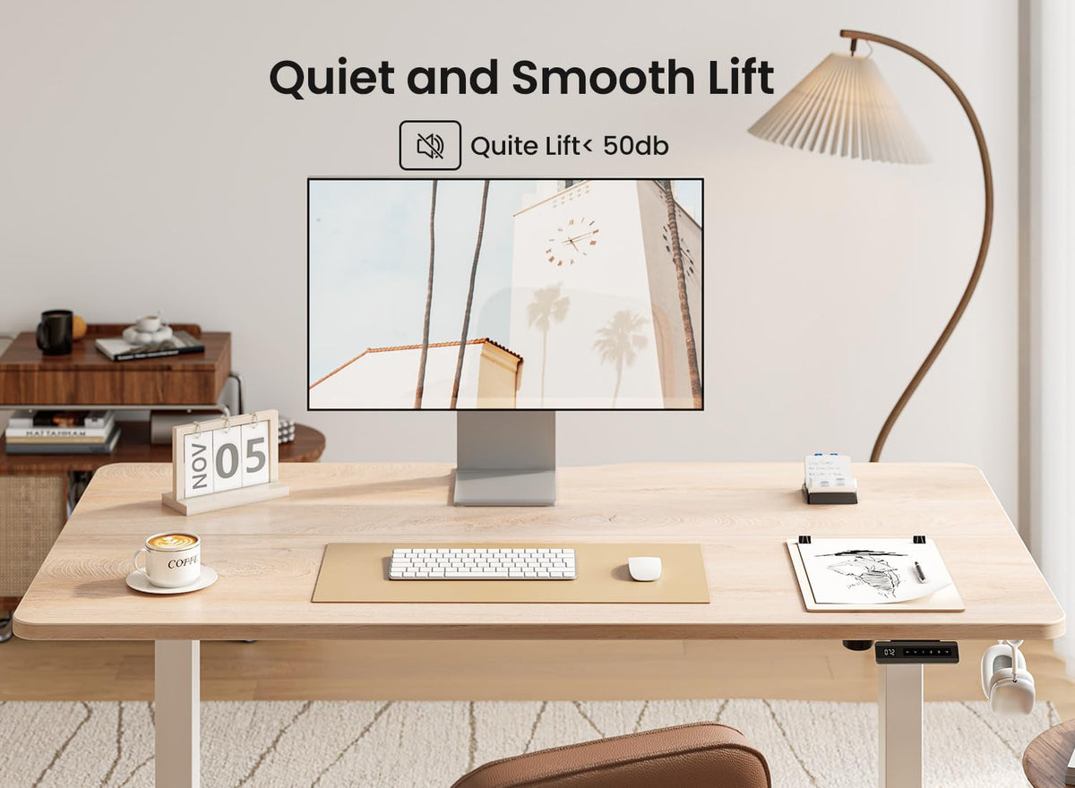 BANTI 48 × 24 Inches Standing Desk, Ergonomic, Electric Height Adjustable, Sit and Stand Up, Computer Office Desk with Splice Board, White Frame/Maple Top