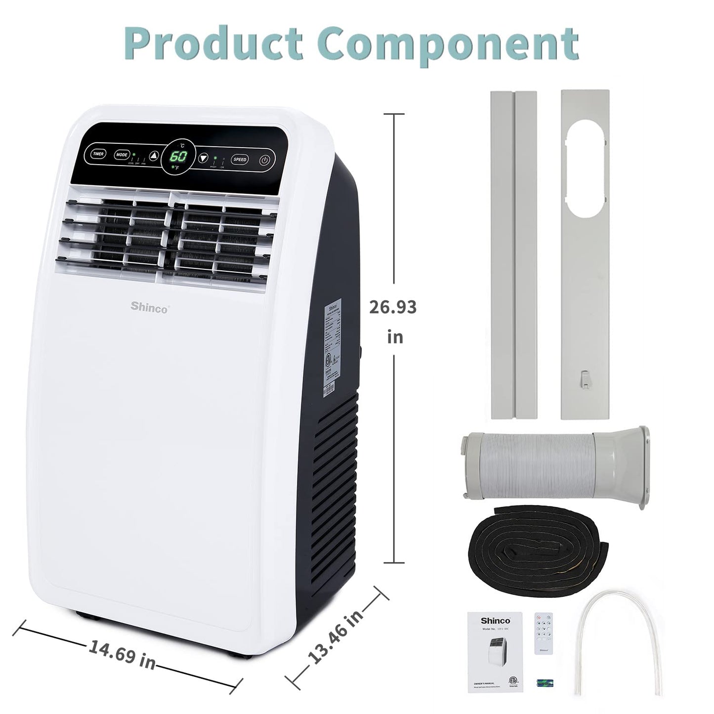 Shinco 8,000 BTU Portable Air Conditioner, AC Unit with Built-in Cool, Dehumidifier & Fan Modes for Room up to 350 sq.ft, Conditioner Remote Control, 24 Hour Timer, Installation Kit