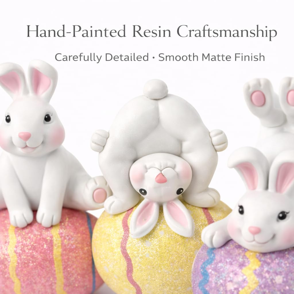 GoGnome Easter Decoration Indoor, Set of 3 Resin Easter Bunny Figurines on Pastel Eggs ā 6.5''H Playful Rabbit Spring Decor for Shelf, Mantel & Tabletop (Pink/Yellow/Purple)