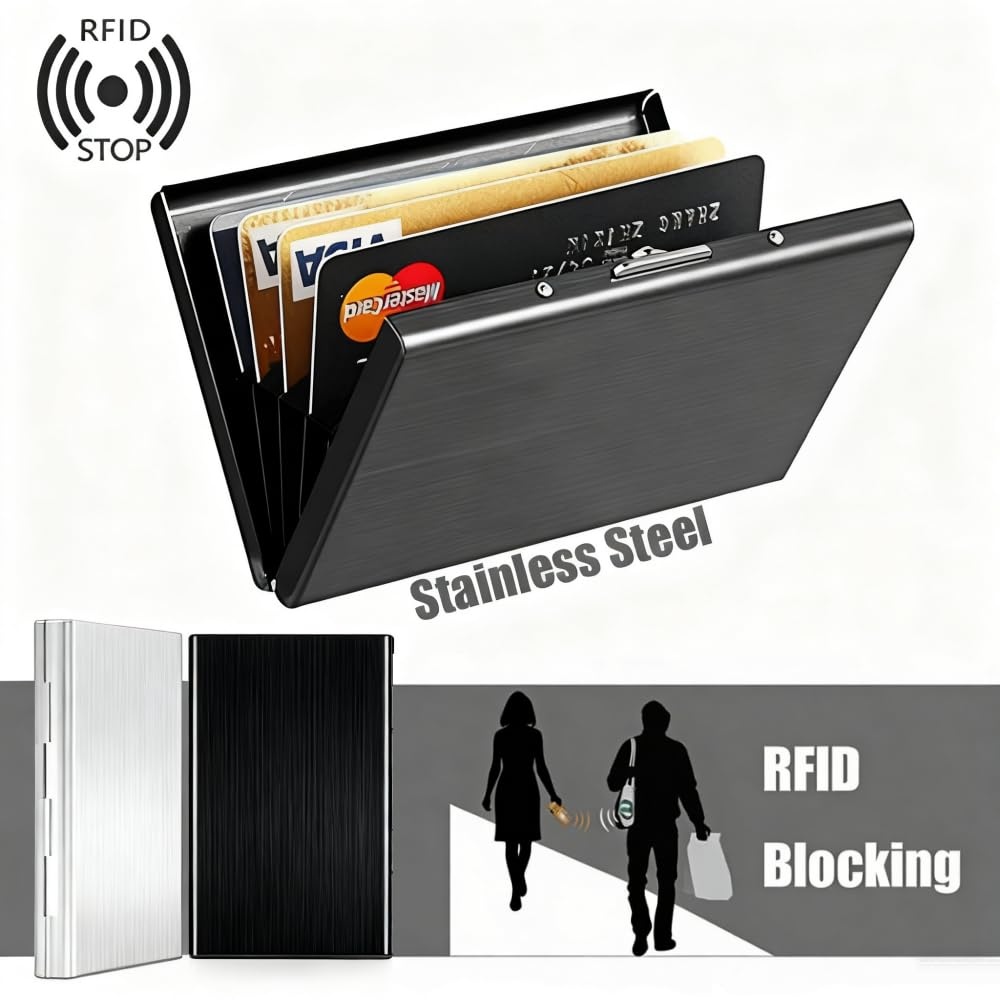 Sungbesi Slim Stainless Steel Metal Card Box Wallet - RFID Blocking Credit Card Holder & ID Protector for Women & Men, Holds Credit/Debit/Business/ID Cards(Black metal wallet 10 grid)
