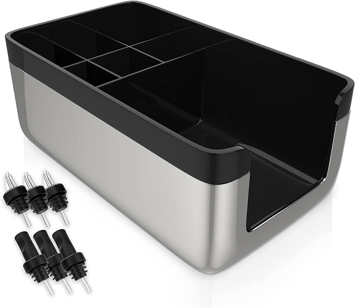 Esatto Professional Bar Products Premium Bar Caddy (Chrome), Used to Easily Organize Bar Items and Workspace, With Additional 12 Pourers For Precision Pouring and 12 Pourer Covers