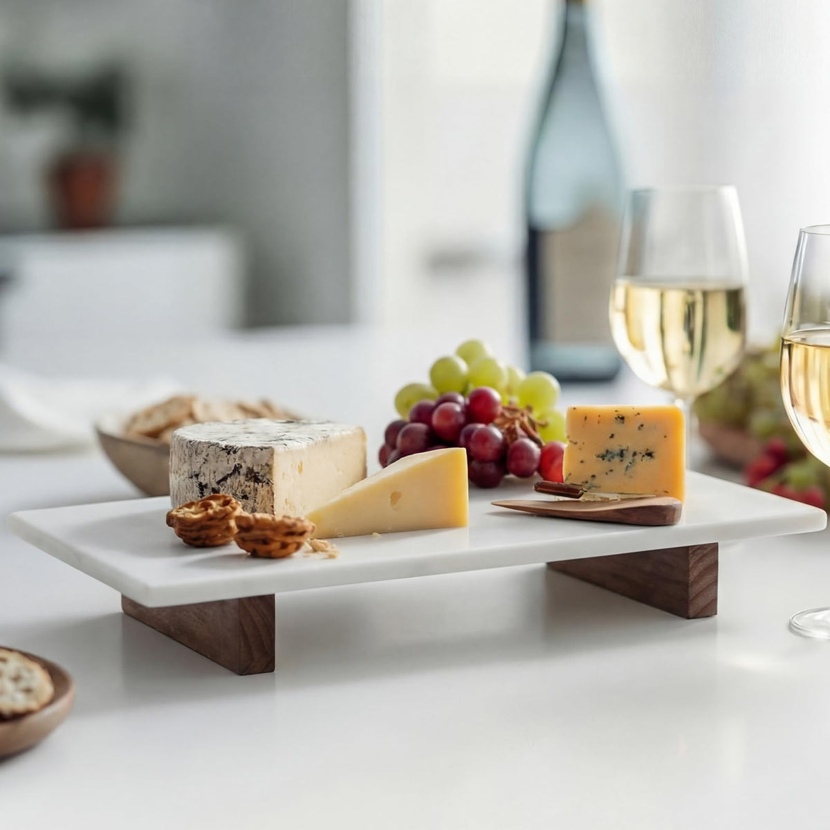 Yiyiring Marble Charcuterie Board Display White Cheese Cutting Footed Stand Tray with Wooden Feet 15.75"L x 8" W x 2.5" H for Vanity, Kitchen and Serving, or as a Gatherings Elegant Cheese Board Gift