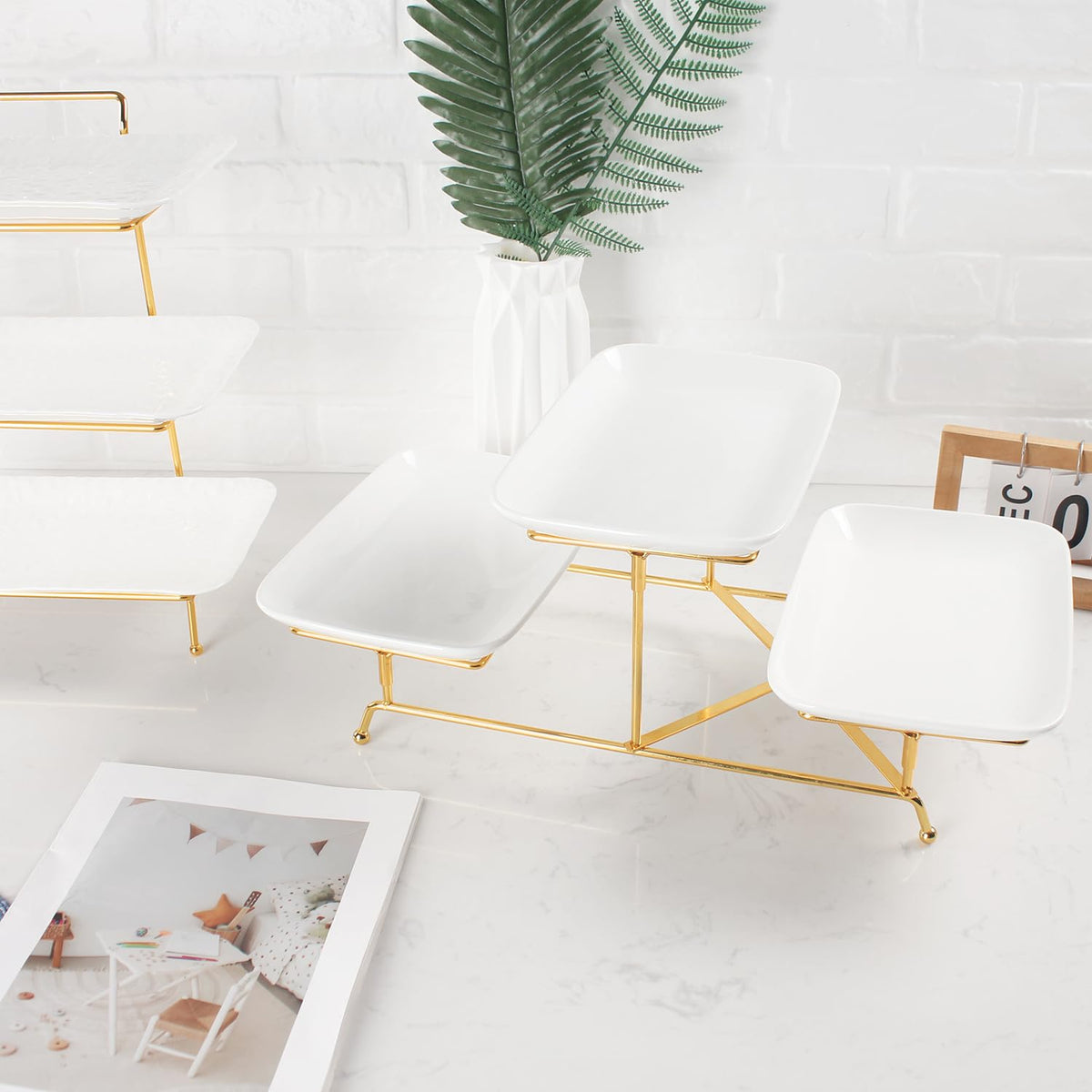 LIUYWYHCF 3-Tier Serving Rack with Ceramic Serving Tray, Foldable Gold Stand with 3 Pieces White 10.6 Inch Large Plates for Food Display, Fruit, Dessert Server Display and Entertaining