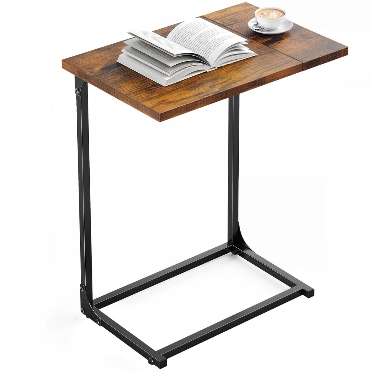 Pipishell C-Shaped Side Table, C Table for Sofa with Two-Piece Desktop & Metal Frame, Large Surface End Table for Living Room, Bedroom, Bedside, Rustic Design