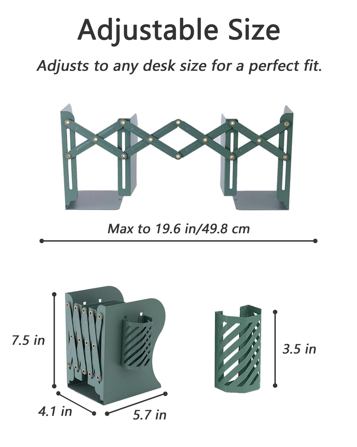 Kingsmile Book Ends, Adjustable Bookends for Shelves, Metal Bookends for Heavy Books, Book Stopper Organzier with Pen Holder for Desk, Kids Room, Office, Classroom, Library, Study Room.(Green)