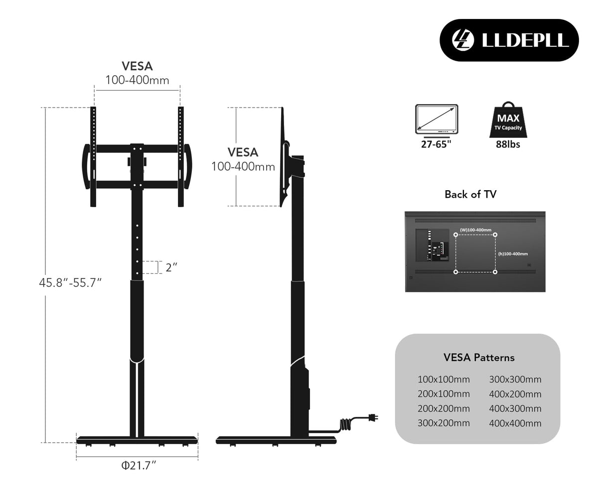 LLDEPLL Mobile TV Stand with Power Outlet, Rolling TV Cart for 27-65 Inch OLED LED Monitors, 6 Levels of Height Adjustment, Ambient RGB Lighting on The Bottom Wheels Holds up to 88lbs