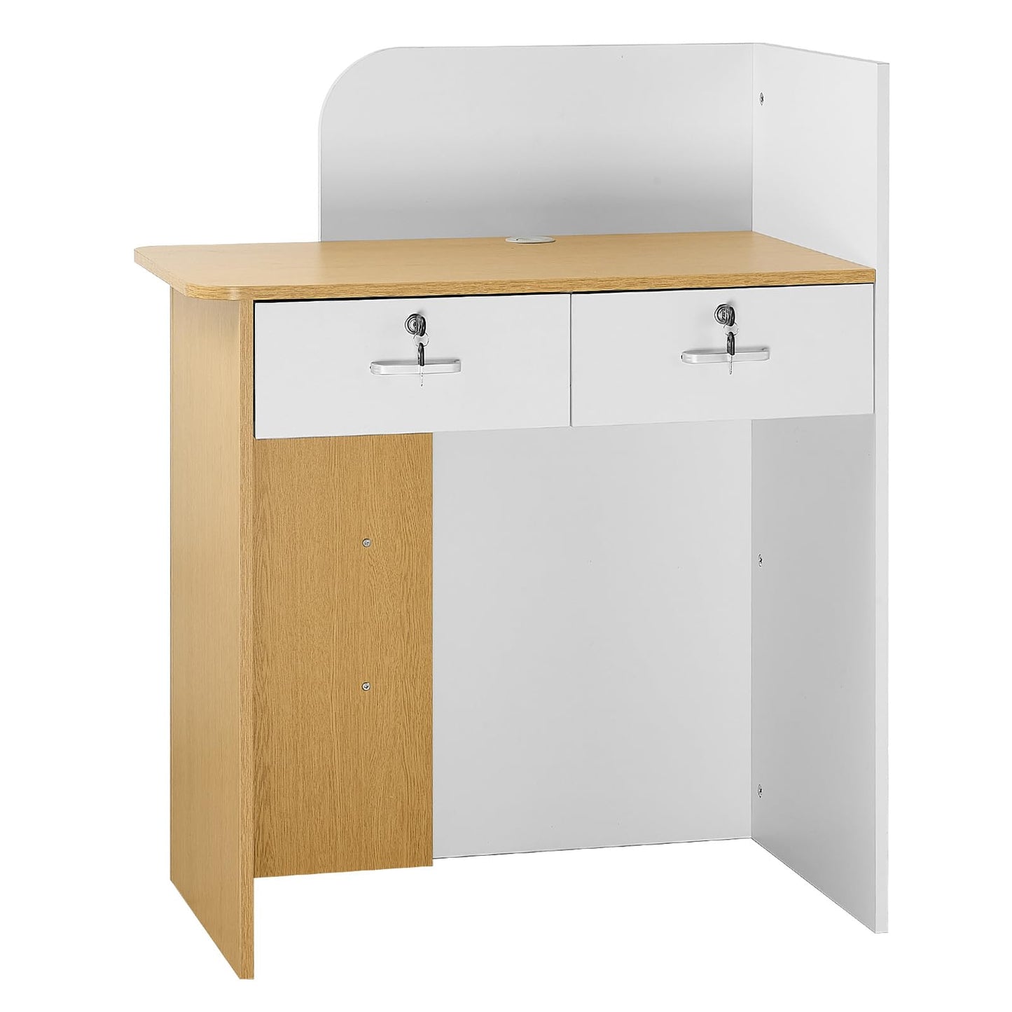 VEVOR Reception Desk, 31.5 inch Rectangular Front Counter Table, Modern Office Reception Desk with LED Light, 2 Drawers & Power Outlets, Retail Counter Table for Checkout, Lobby, Beauty Salon, Office