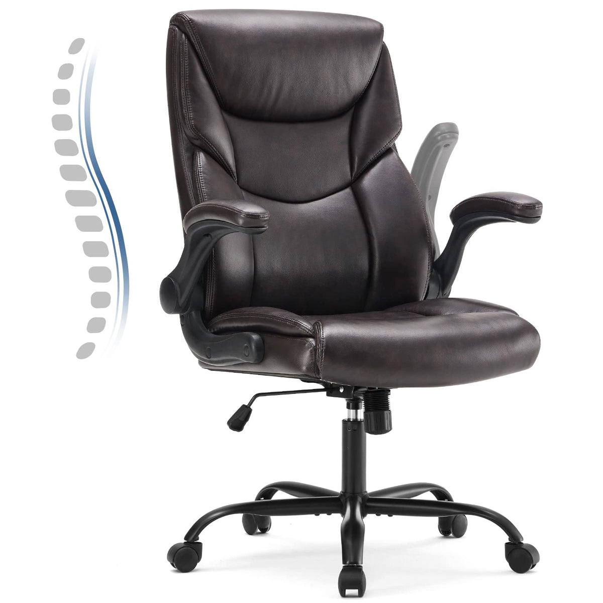 DUMOS PU Leather Office Chair - Ergonomic Executive Computer Desk Chairs with Adjustable Flip-up Armrest, Swivel Task Chair with Lumbar Support, Strong Metal Base,Dark Brown