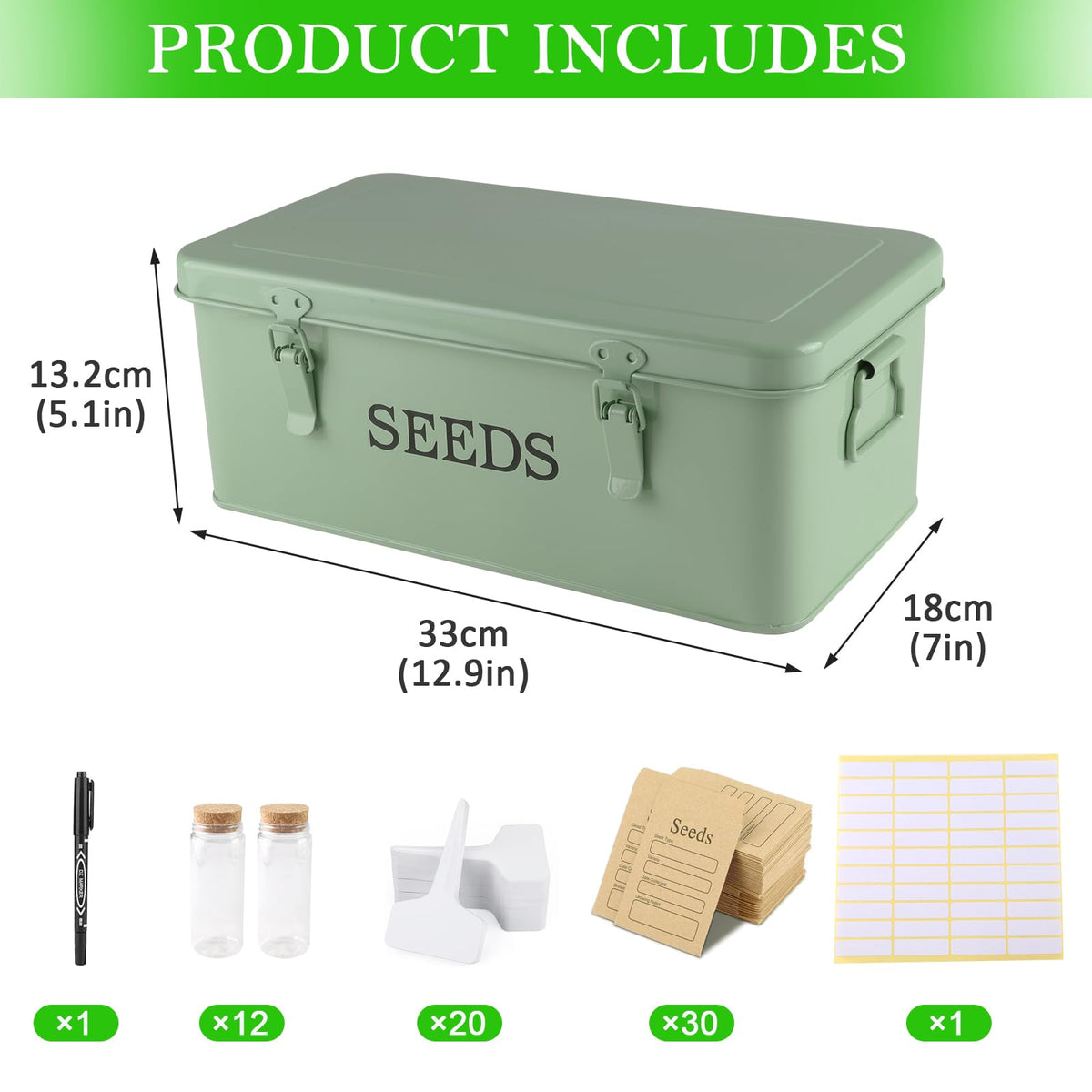 Seed Storage Organizer, 4 Compartment Metal Seed Saving Box with Lid and Safety Locks,Seeds Packet Container with 1 Pen, 12 Slots, 20 Plant Labels, 30 Seeds Envelopes,Perfect for Flower Plants Garden