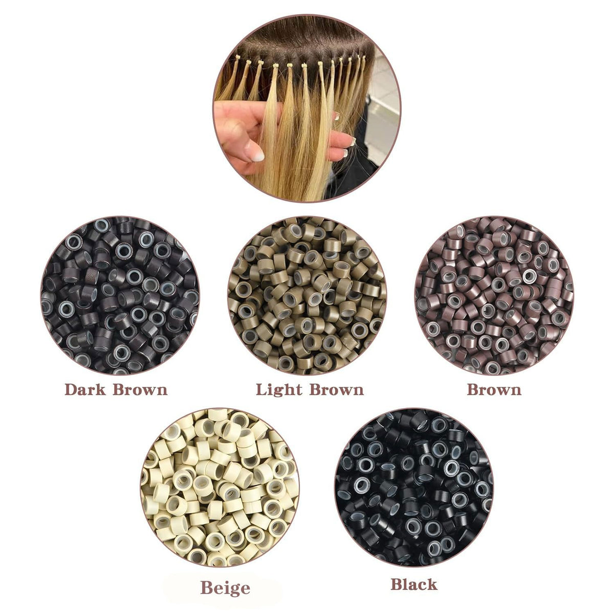 Hair Extensions Tools Kit Professional Hair Styling Tools Accessory 500 Pcs Micro Ring Beads 1 Plier 2 Hook Needle Pulling Loop 2 Plastic Alligator Hair Clips, for Fairy Hair Tinsel (Beige)
