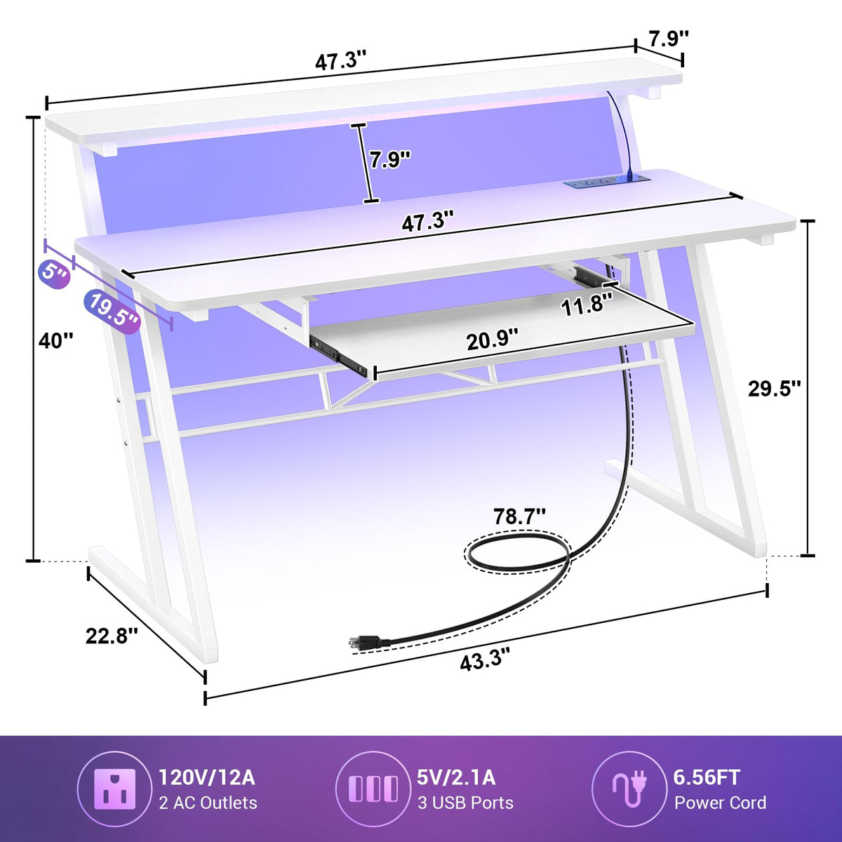 Armocity Music Studio Desk, Music Production Workstation with Power Outlets and RGB LED Lights, Recording Studio Table Desks Music Producer for Home, White