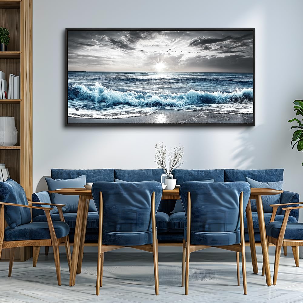 KELIYUAN Wall Decor For Living Room Canvas Wall Art For Bedroom Office Black And White Pictures Beach Wave Scenery Murals Artwork For Modern Stretched and Framed Beach Posters Home Decor 20"X40"