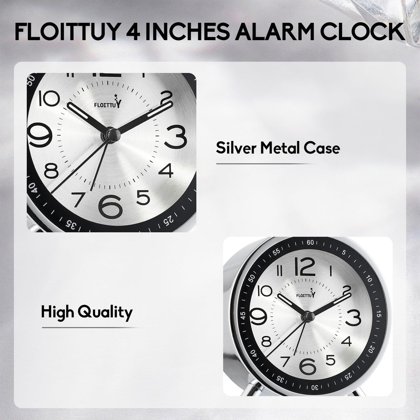 FLOITTUY Super Silent Metal Alarm Clock,Beep Wake Round Alarm Clock with Strip Night Light,Battery Operated,Easy Set,Simple & Retro for Desk, Bedroom and Home Decoration(Metallic Silver)