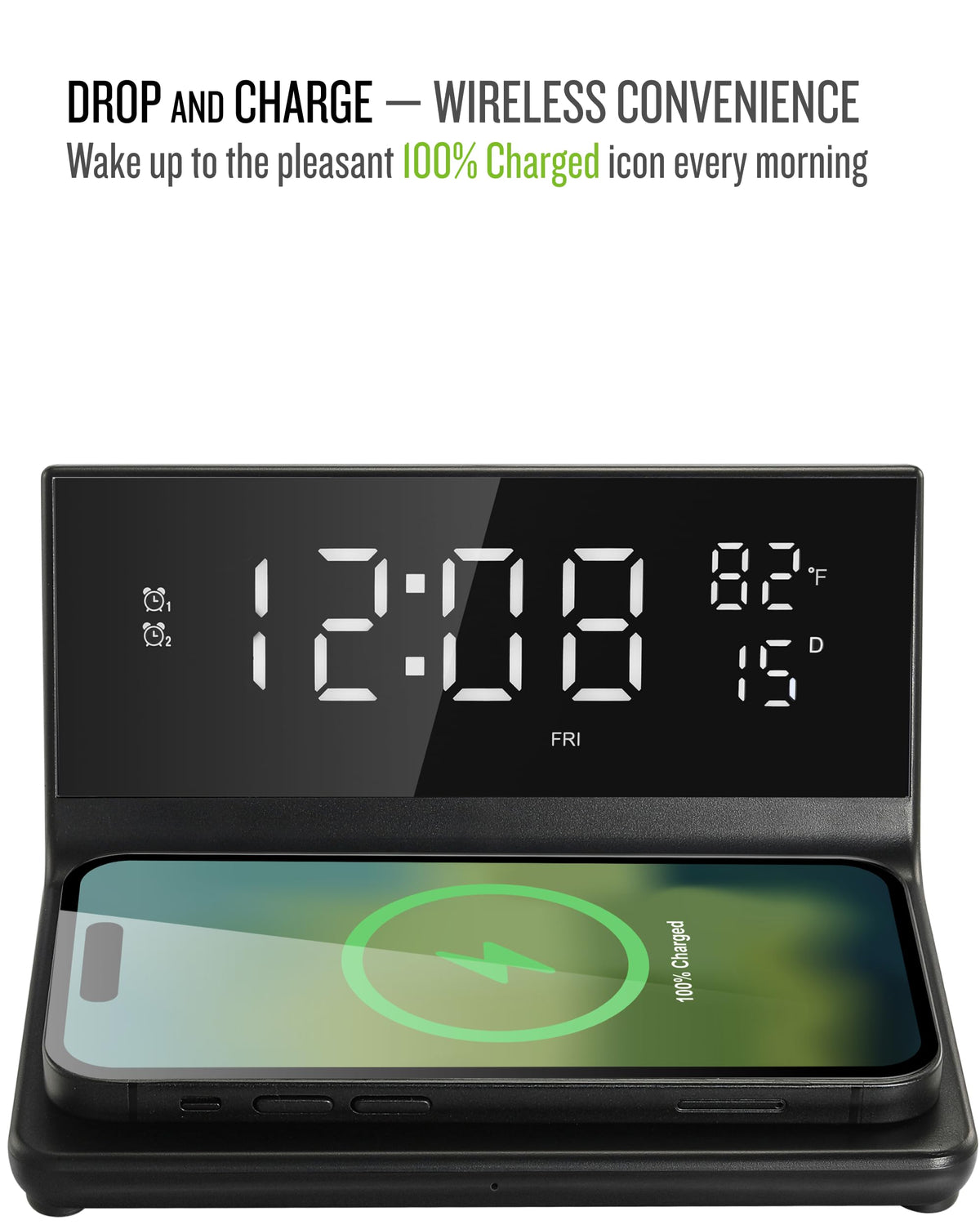 Soundfreaq Charge Rise II, SFQ-20: Digital Alarm Clock, with Dual Alarms, Fast USB Charger and Wireless Charger (Black)