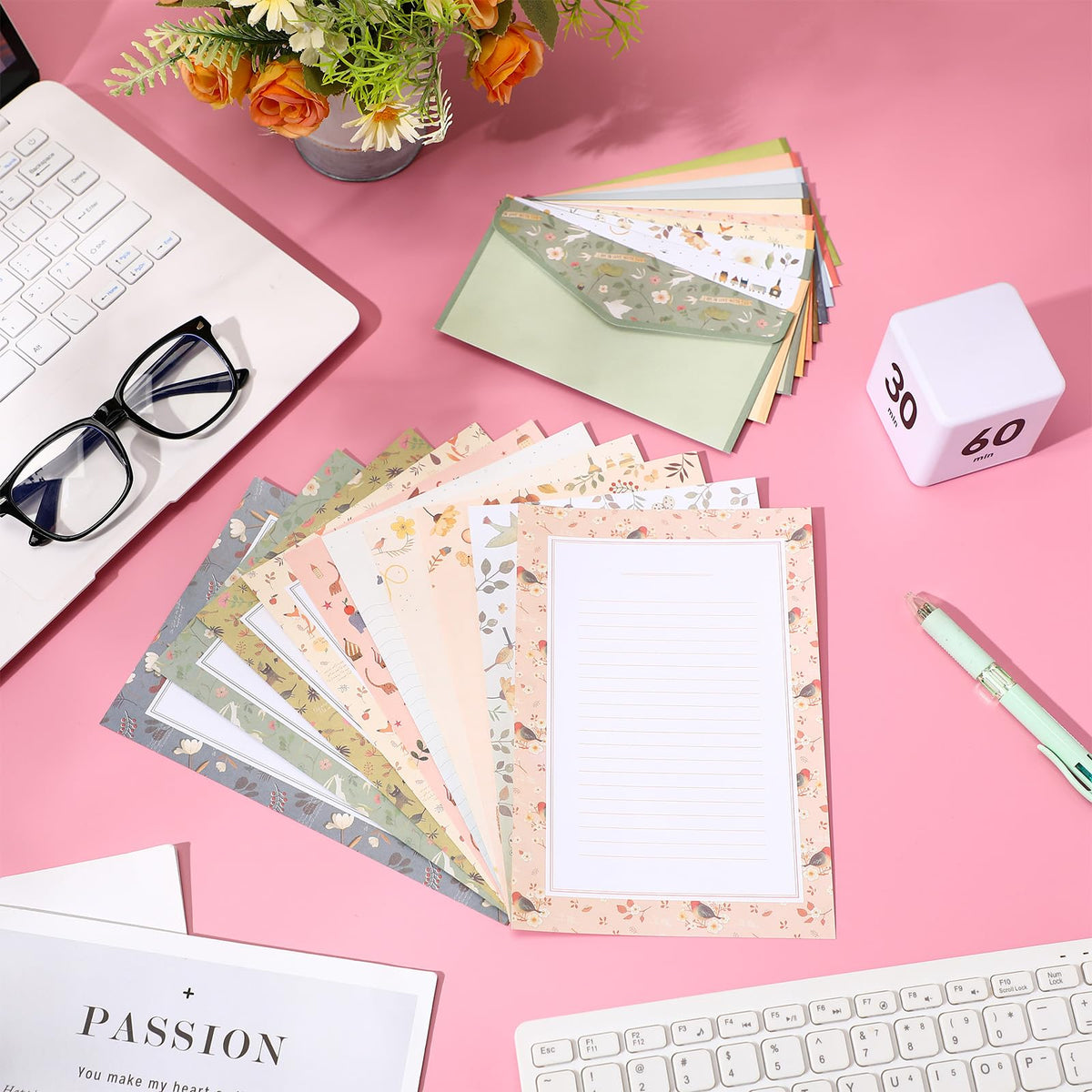 Laumoi 180 Pcs Stationery Papers and Envelopes Set Includes 60 Stationery Envelopes 120 Lined Stationery Writing Paper with 96 Colorful Round Dot Stickers, 10 Designs (Greenery)