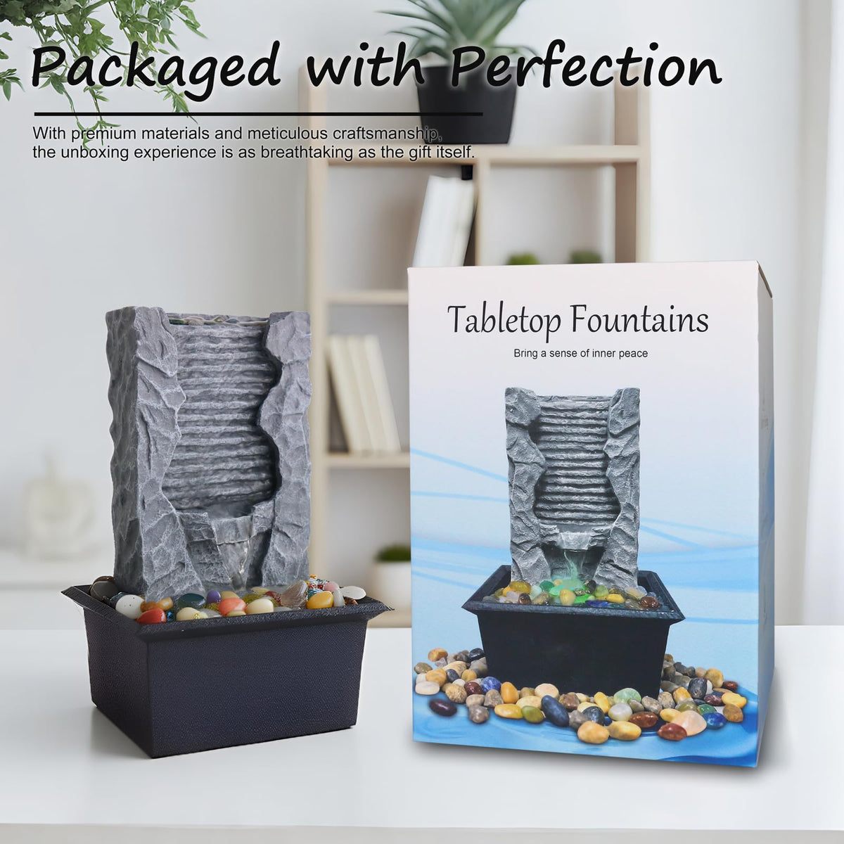 Tabletop Water Fountain Indoor, Resin Waterfall Fountain for Stress Relief and Meditation, Calming Office Desk Home Décor, Zen Relaxation Gift for Friend Office Boss, Excellent Housewarming Gift
