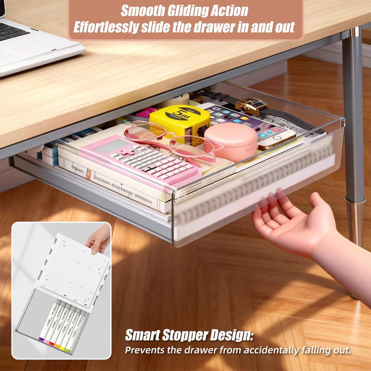 TooCust 3-Pack Under Desk Drawer for Desk with Frame & Beam, Fits Where Standard Drawers Can't, 52mm Heightened Slide Out Organizer, Dual Adhesive or Screw Mount, Clear PET Under Table Storage