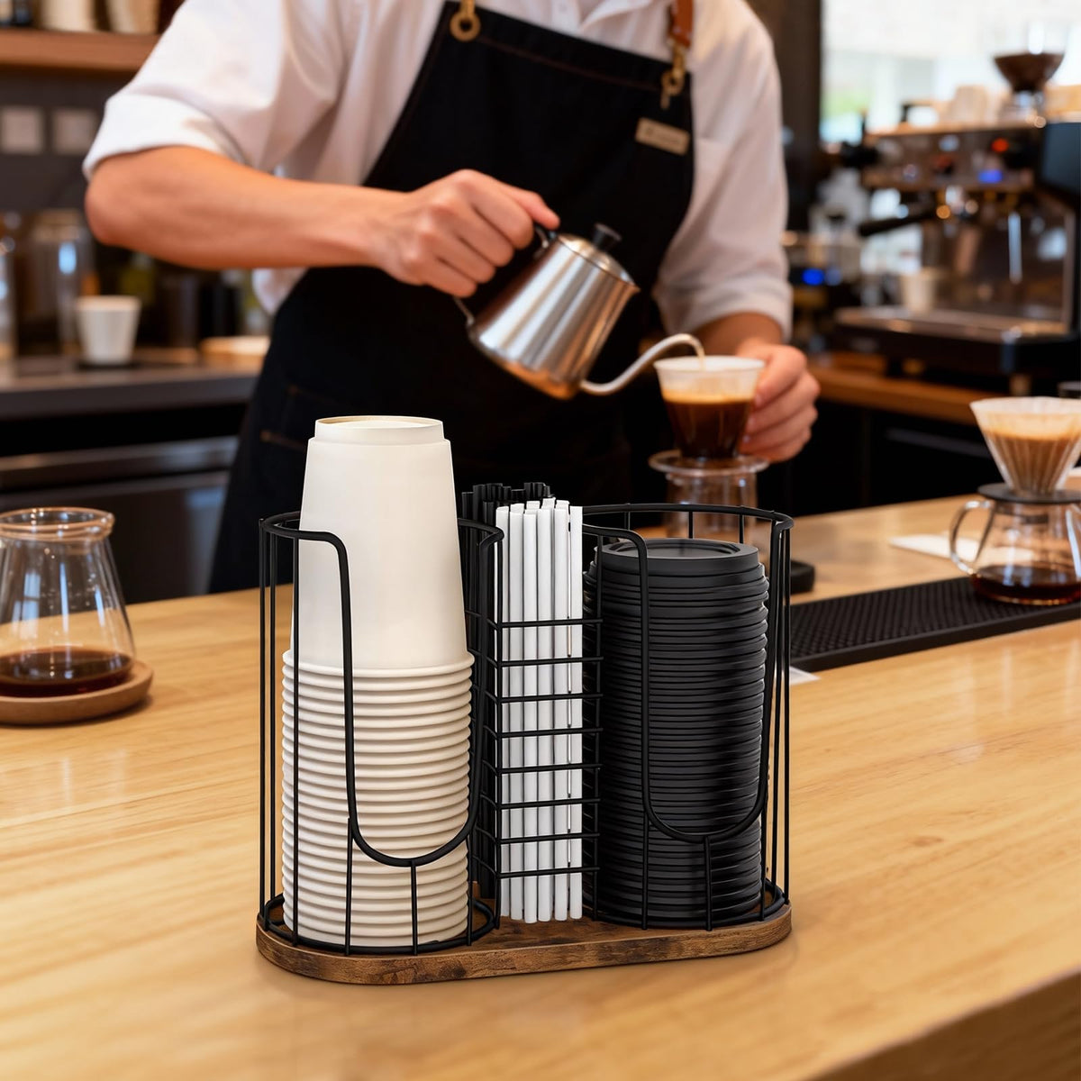BCOZLUX Coffee Cup Holder 18oz 3-Compartment Paper Cup Dispenser Rack with Wood Base - Disposable Cup, Straw & Lid Organizer 3-in-1 Storage for Countertop, Coffee Bar, Kitchen, Office