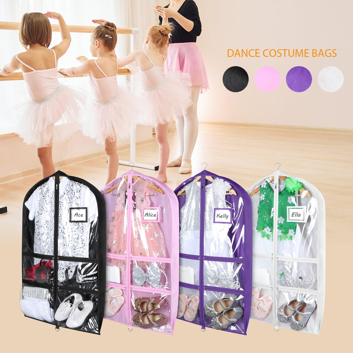 Syeeiex 3" Gusseted Clear Dance Costume Garment Bag(5 Pack), 40'' Dance Garment Bags for Dancers with 4 Zipper Pockets & Can Hold 1-3 Dance Costumes - Suitable for Dance Competitions, Ballet(Black)