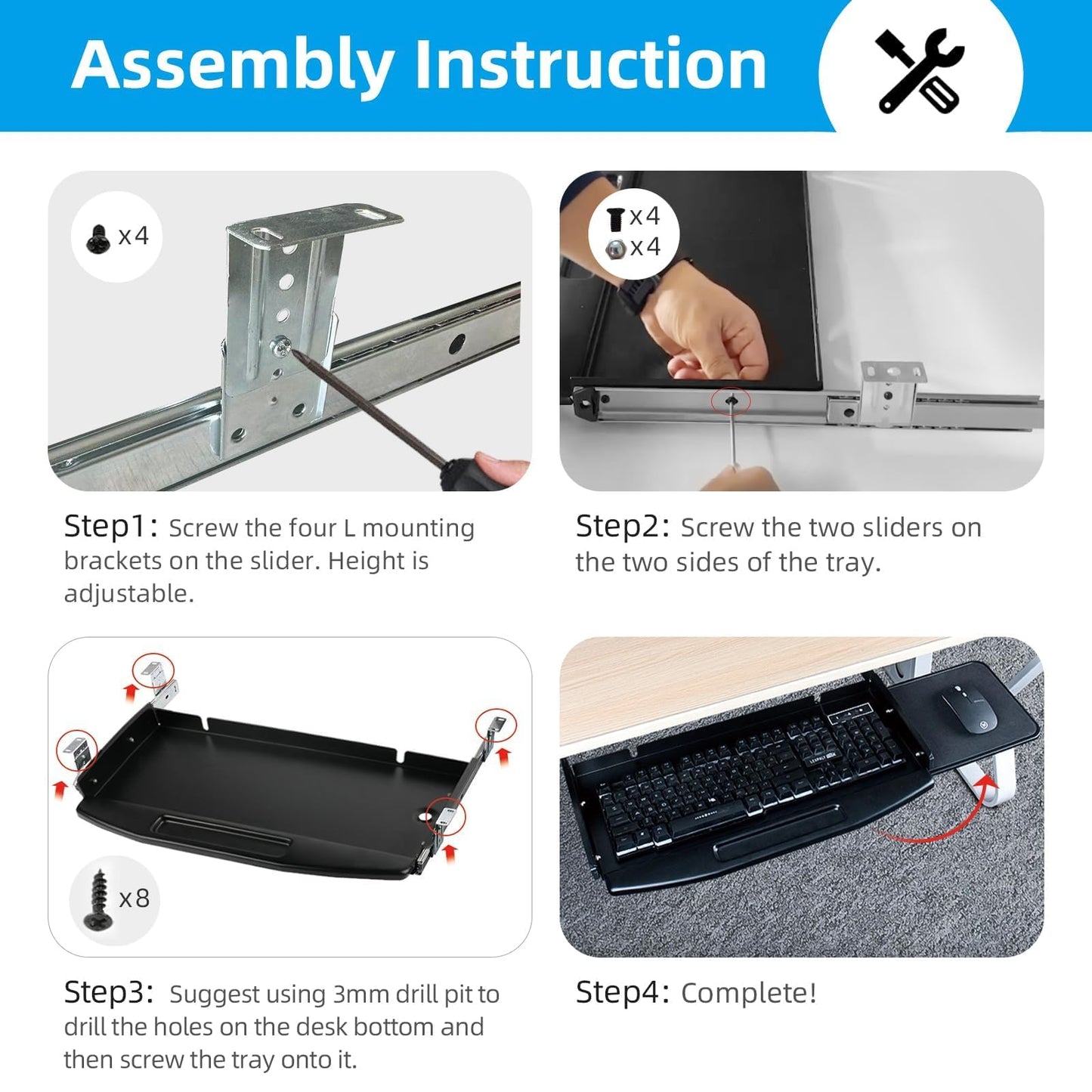 Solid Steel Under Desk Keyboard Tray Slide Out with 360° Rotating Mouse Platform,Keyboard Shelf Sliding,Under Desk Mounted Keyboard Holder,Under Desk Keyboard Drawer 28"Lx11"W