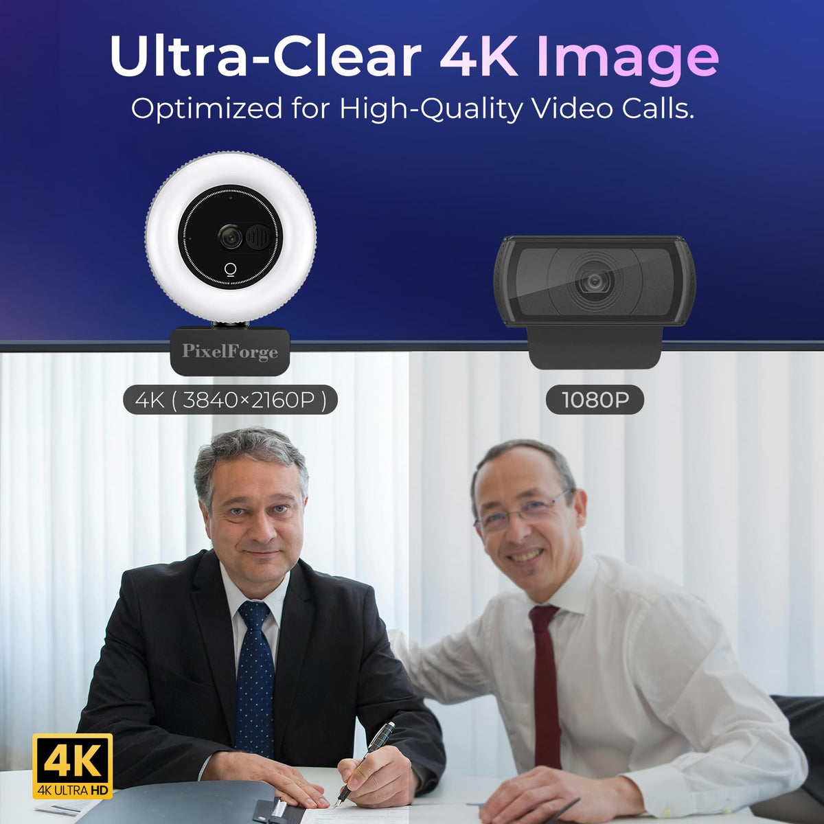 PixelForge 4K Webcam for PC with Microphone & Light & Privacy Cover, Web Camera for Desktop Computer/Laptop/Monitor/Mac, 4K UHD Sony Sensor, PDAF Auto Focus, Dual AI Noise-Cancelling Mics, USB Camera