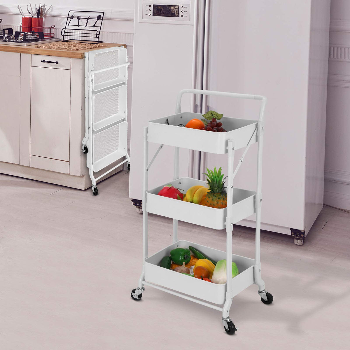 johgee Foldable 3 Tier Metal Utility Rolling Cart, Folding Mobile Multi-Function Storage Trolley Organizer Cart for Home Library Office(White)