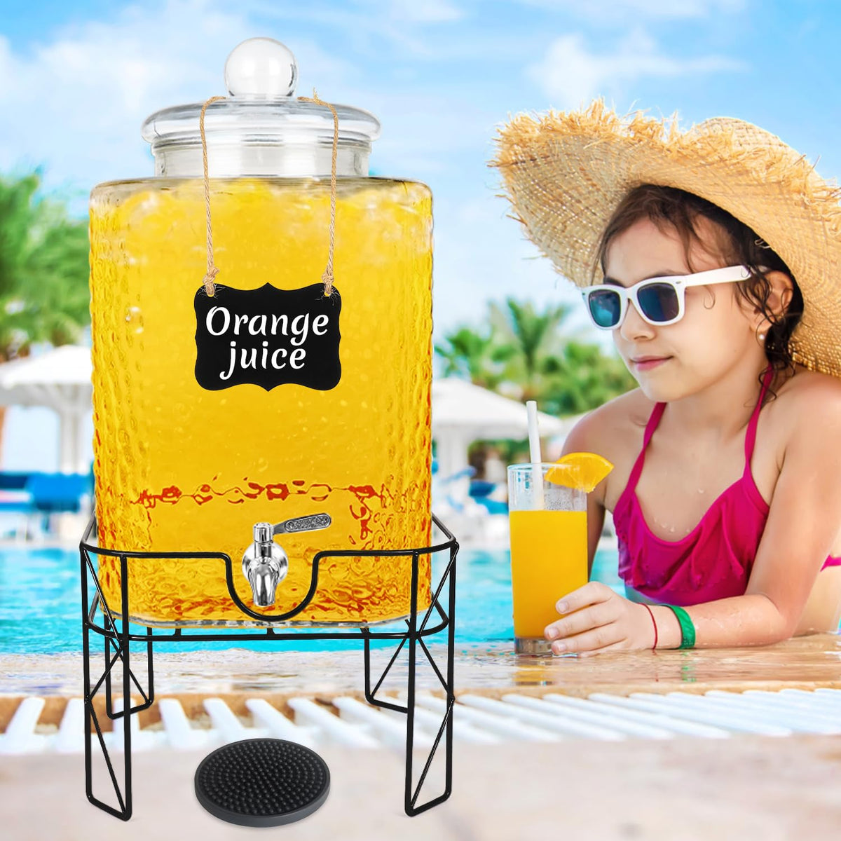 FULJOOY 4.6 Gallon Glass Beverage Dispenser with Stand Beverage Dispensers with Ice Cylinder Steel Spigot Hanging Chalkboard Signs Drip Trays Drink Juice Dispenser with Lids for Party Wedding Kitchen