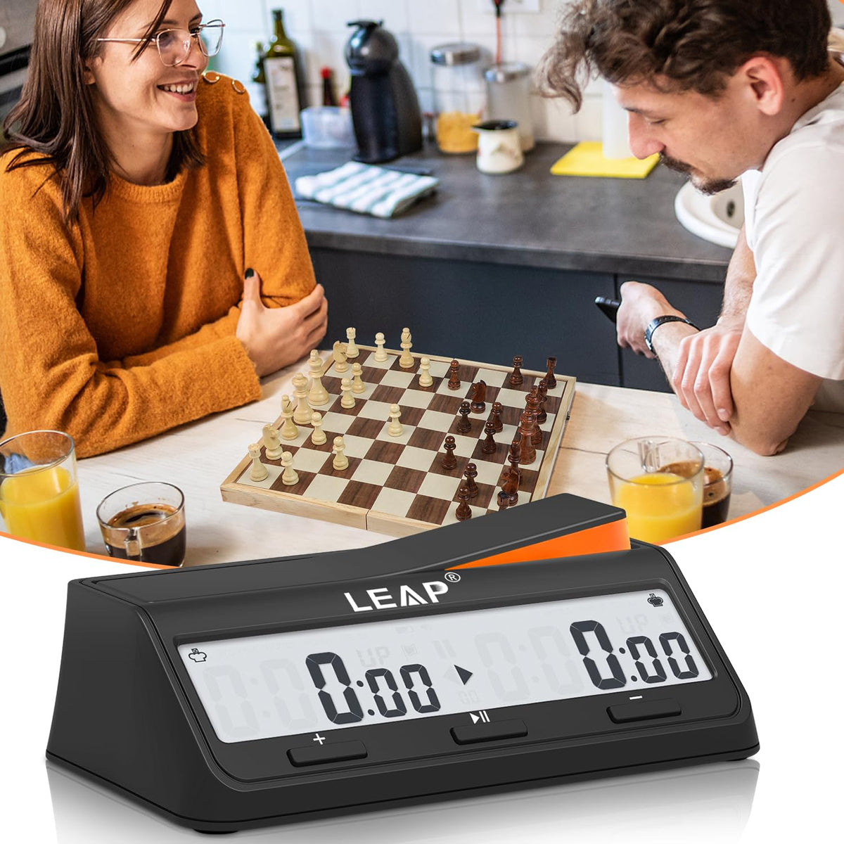 LEAP Chess Clock Digital Chess Timer Advanced for Board Game and Chess Timer with Bonus & Delay Count Down up Alarm Black/Orange