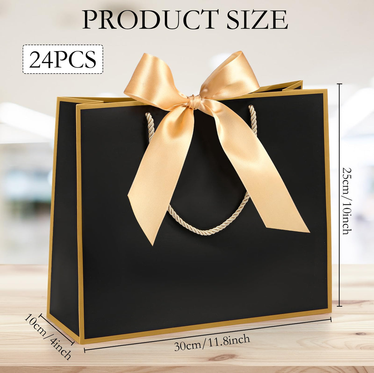 Silkfly 12 Pcs Thank You Gift Bags with Handle 12x10x4'' Welcome Elegant Gifts Bag with Bow Ribbon for Mother's Day Wedding Graduation Bridesmaid Baby Shower Birthday Housewarming (Black)