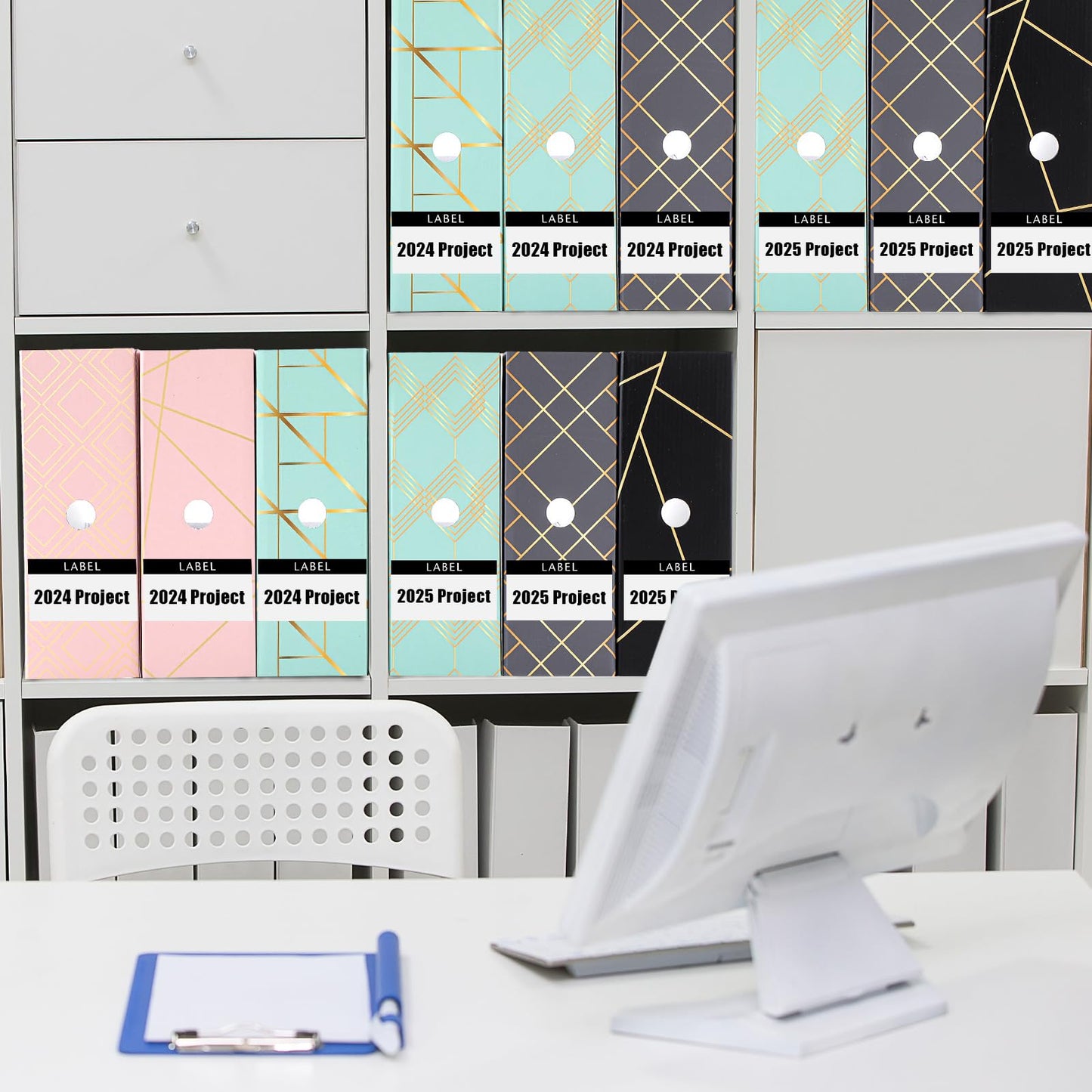 PerKoop 6 Pcs Decorative Magazine File Holders Floral Foldable File Folders Magazine Storage Boxes Rack Desk Organizer Documents with Printable Labels for School Office Home (Geometric Lines)